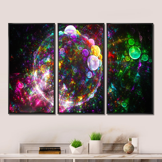 Designart 'Multi Color Fractal Spherical Bubbles' Abstract Framed Art Set of 3 - 4 Colors of Frames