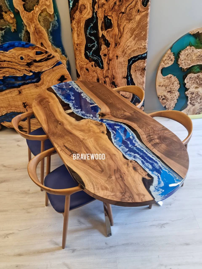 Epoxy Resin Table, Wavy Epoxy Dining Oval Walnut Table, Live Edge Clear River Table