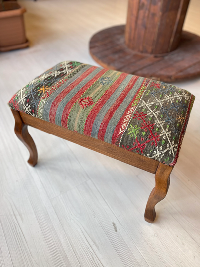 Kilim Ottoman Stool, Kilim Coffee Table, Beech Wood Vintage Furniture, Chair, Stool, Christmas Gift