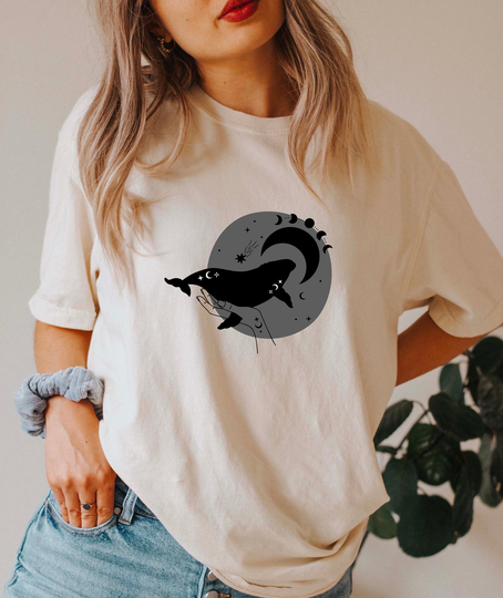 Comfort Colors Celestial Shirt, Moon & Whale T-Shirt, Boho Comfy Oversized Gift For Her