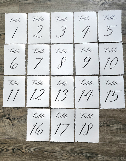 Deckled Edge Table Number Cards in Hand Written Calligraphy Torn - 5 Ink Colors2 Sizes Quick Ship Dinner Wedding, Party, Any Event