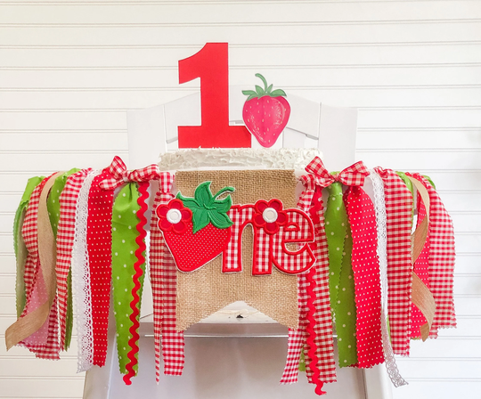 strawberry Picnic Birthday High Chair Fabric Banner, Can Do Custom Themes, 1st Cake Smash