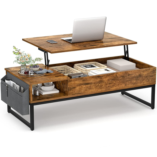 Lift Top Coffee Table with Storage, Wood Lifting Top Central Table Metal Frame, 43.3" Lift Tea Table with Side Pouch