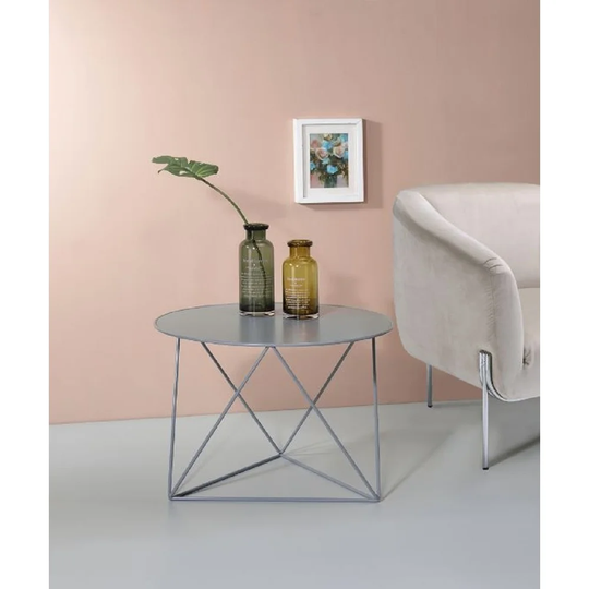 Q-Max Geometric Metal Base Round Table Top End Table in Grey Finish