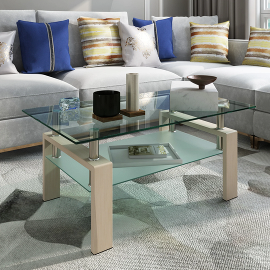Rectangle Oak Glass Coffee Table, Clear Coffee Table,Modern Side Center Tables for Living Room, Living Room Furniture
