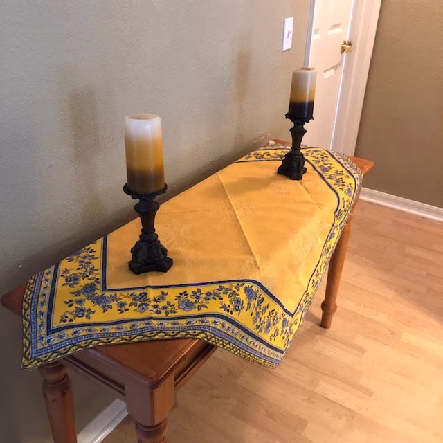 Beautiful Table Cover Square 40" Yellow With Blue Pattern From Provence France