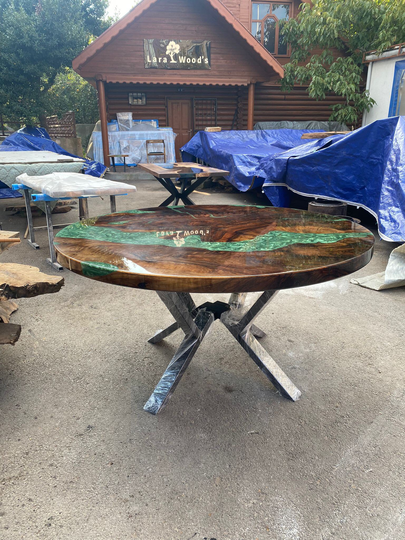 Epoxy Dining Table, Resin Custom 60" Diameter Round Walnut Green River Order For Laina