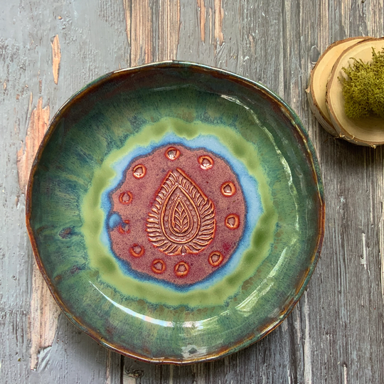 Colorful Shallow Speckled Clay Bowl, Beautiful Ceramic Shellieartist, Gift For Her, Kitchen Decor, Pop Of Color, Stamped Bowl