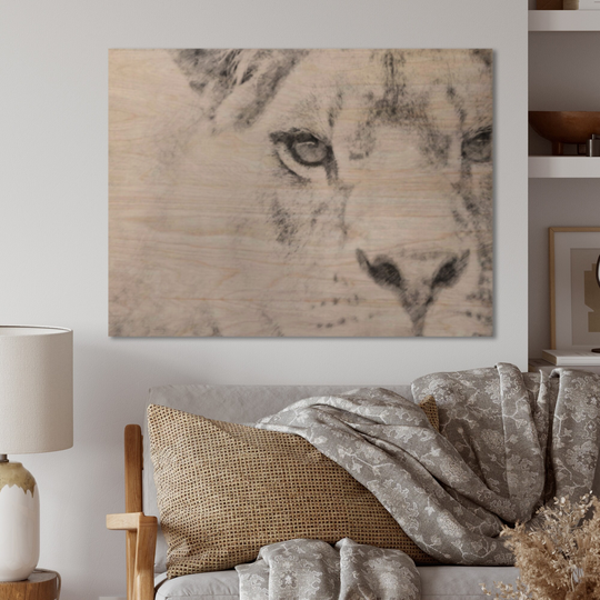 Designart 'Black And White Lion Pencil Sketch' Traditional Wood Wall Art - Natural Pine Wood
