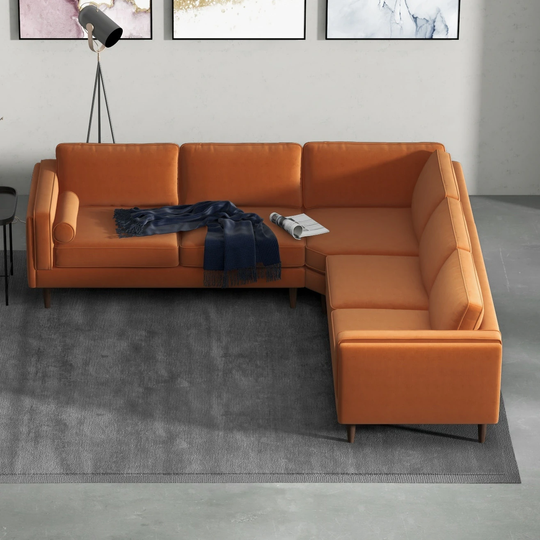 Flavia Mid Century Modern Pillow Back Symmetrical Corner Sofa in Orange