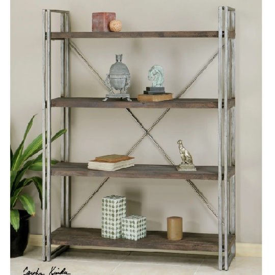 5.25' Silver Metal Walnut Stained Fir Wood Etagere Display Shelves