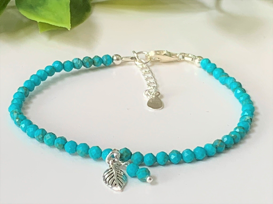 Turquoise Bracelet, Delicate Natural Dainty 3mm Turquois Facetted Stones, Sterling Silver, December Birthstone