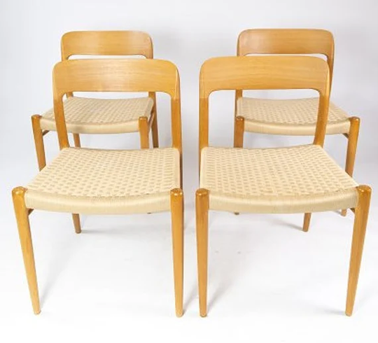 A Set Of Four Dining Chairs, Model 75, in Oak & Papercord Designed By N.o. Møller From The 1960S