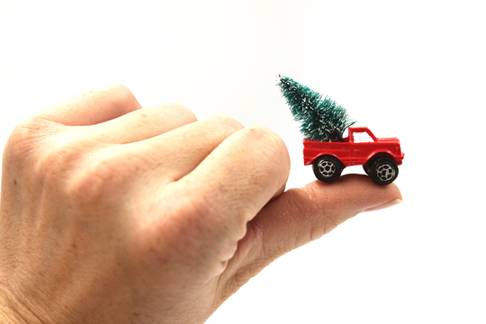 Truck With Christmas Tree - 1100 Scale Miniature Red & Bottle Brush with Base For Village, Fairy Garden, Terrarium, Dollhouse
