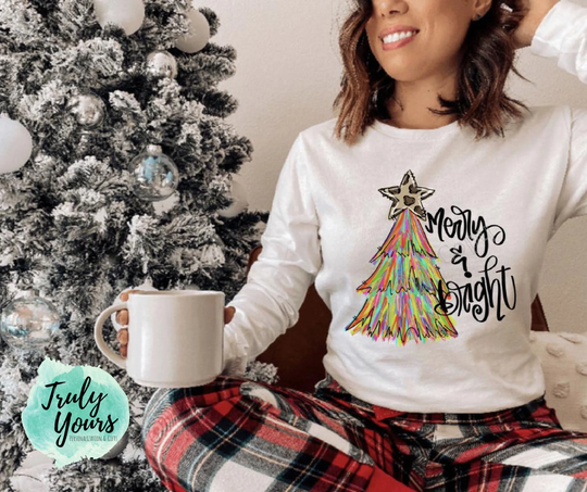 Merry & Bright Colorful Leopard Christmas Tree T-Shirt | Long Sleeve Shirt
