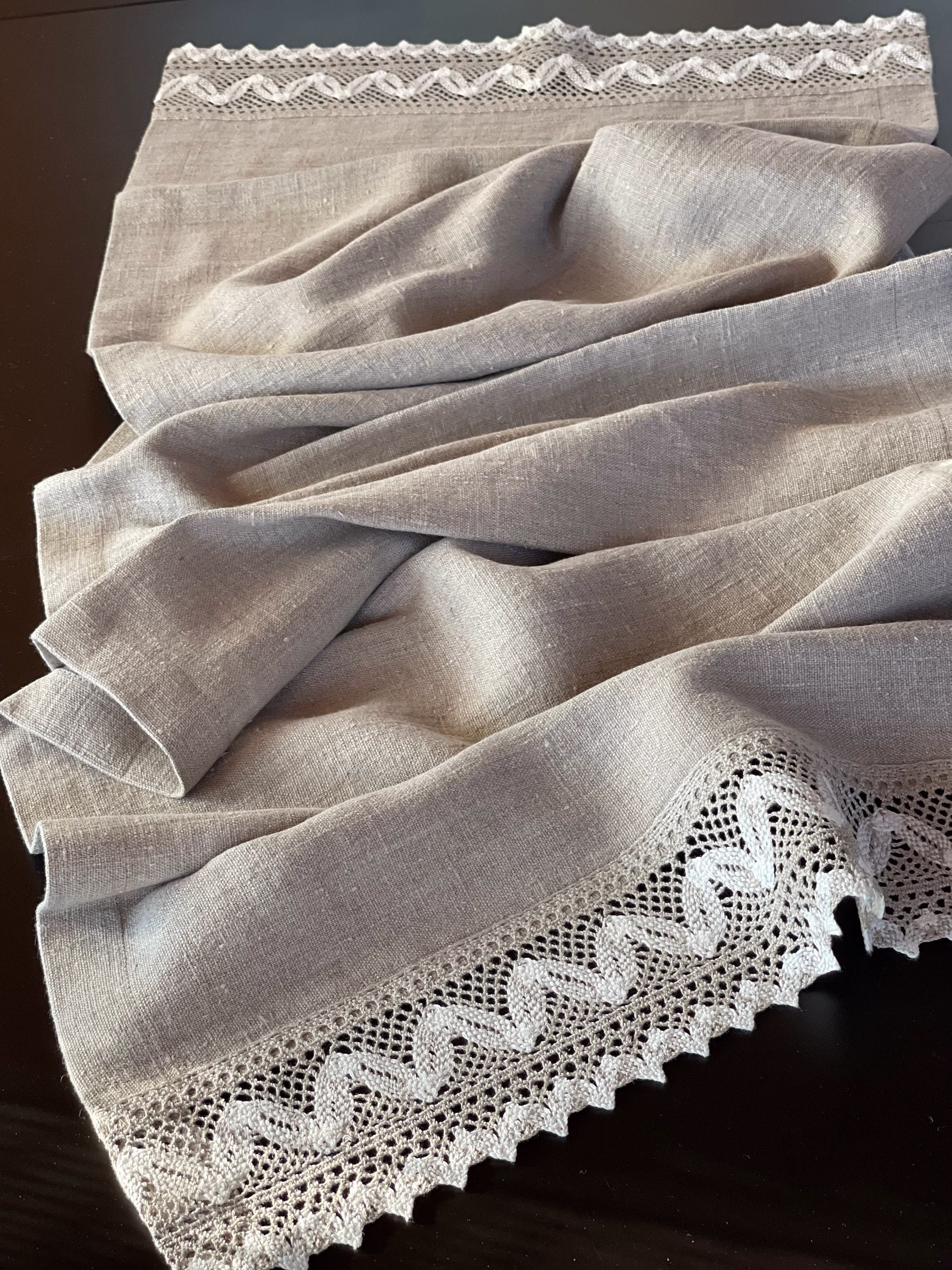 Rustic Linen Table Runner Grey Runners Vintage Stonewashed Farmhouse Natural Grey/White Beautiful Lace