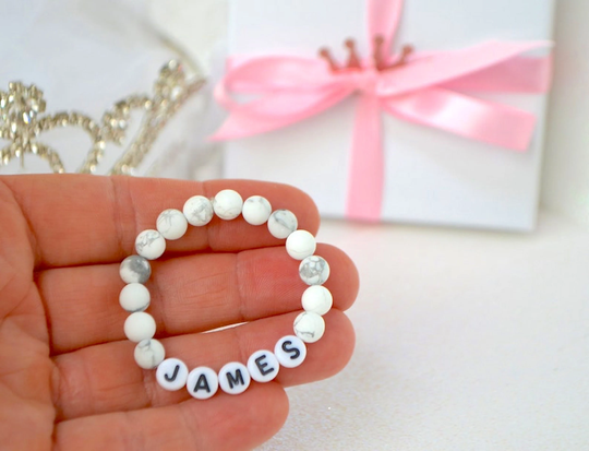 Boys Howlite Gemstone Baby Bracelet, Personalized Name Shower Gift, Newborn Infant Jewelry Best Friend, Easter