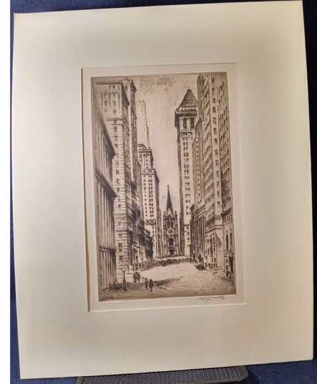 Nat Lowell | Latvia 1880-1956 "Wall Street", Etching, 1948, Signed in Pencil | Free Shipping