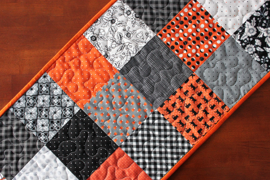 Halloween Table Runner, Quilted Black Cat, Midnight Magic 2, Orange Gray, Handmade