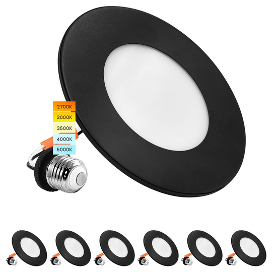 Luxrite 6-Pack 4" LED Recessed Light, 5 Color Selectable, Magnetic Trim, Dimmable, 500 LM, Wet Rated - Black