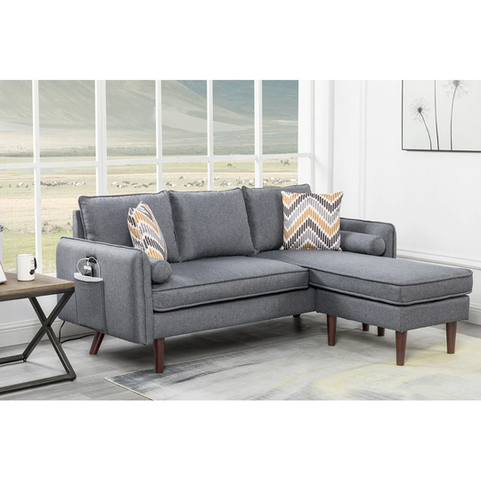 Mia Sectional Grey Linen Sofa Chaise with USB Charger and Pillows
