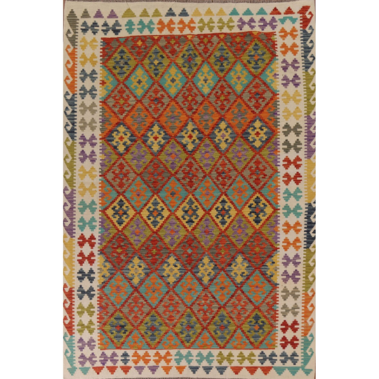 Kilim Multi-Color Area Rug Geometric Hand-woven Wool Carpet - 6'9" x 9'7"