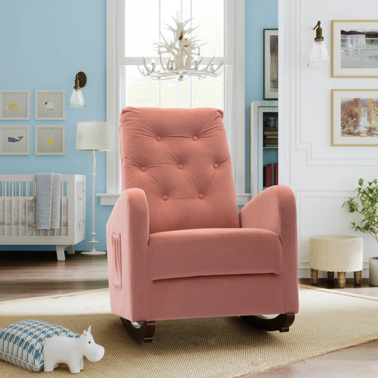 Baby Room High Back Rocking Chair Nursery Chair , Comfortable Rocker Fabric Padded Seat ,Modern High Back Armchair, Pink