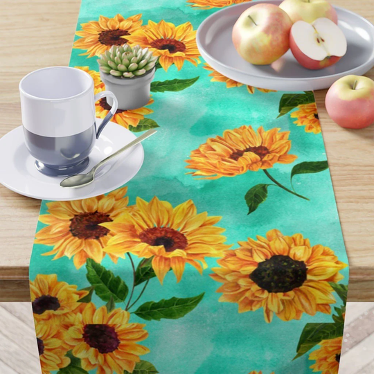 Turquoise Boho Sunflower Table Runner - Vintage Flower Teal Hippie
