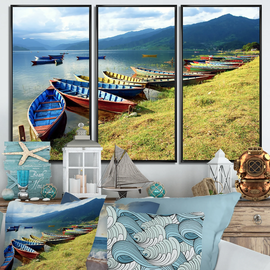 Designart 'Color Boats in Phewa Lake' Boats Framed Artwork Set of 3 - 4 Colors of Frames