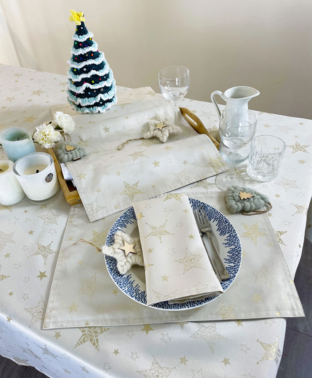 Holly Sparkling Star Design Ivory Table Linen Collection, Tablecloth, Placemats, Napkins, Runner For Holiday Season Décor