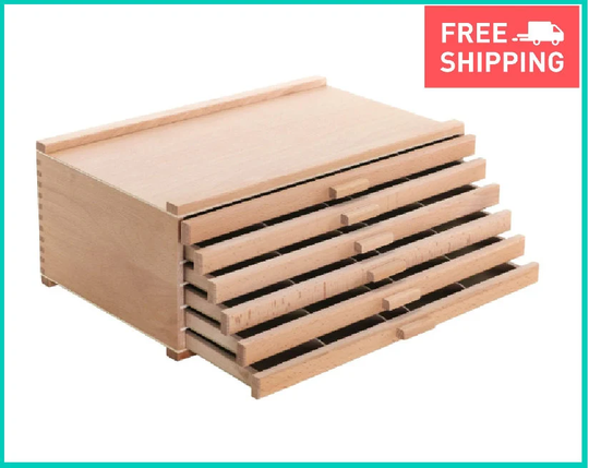 6 Drawer Wood Artist Supply Storage Box For Pastels, Pencils, Pens, Markers
