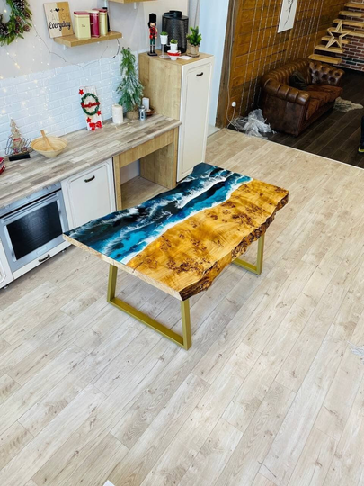 Custom Epoxy Resin Table, Handmade Kichhen Blue River Dinning Table