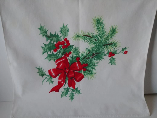 Vintage Wilendur Christmas Table Runner Tea Towel Pine Bough Holly Red Bow