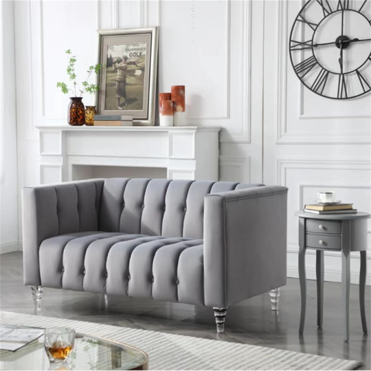 Deep Channel Tufting Velvet Sofa with Crystal Legs,Grey