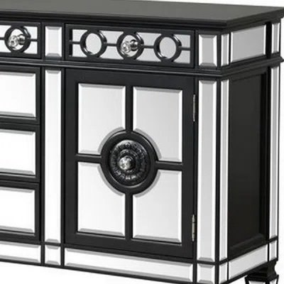 Luna 68 Inch Sideboard Buffet Console Cabinet, Mirrored, 6 Drawers, Black