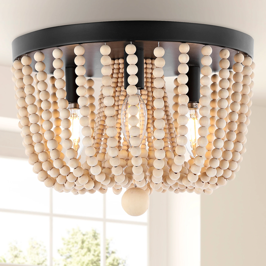 Amelie 13" 3-Light Coastal Farmhouse Iron/Wood Bead LED Flush Mount, Oil Rubbed Bronze by JONATHAN Y - 3 Light