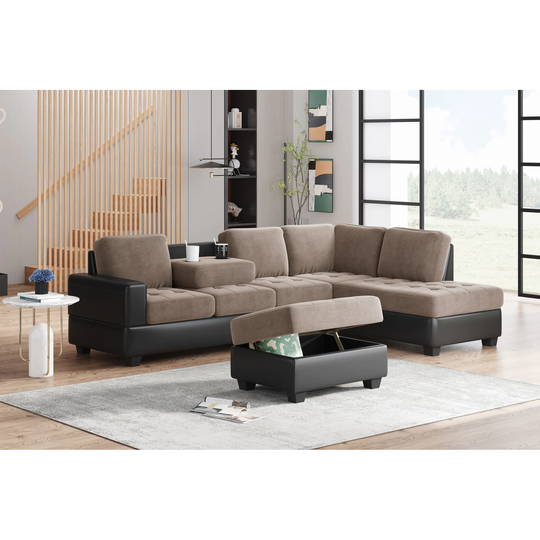 Modern L-Shaped Sectional Sofa with Reversible Chaise,with Storage Ottoman and 2 Cup Holders,Brown/Grey