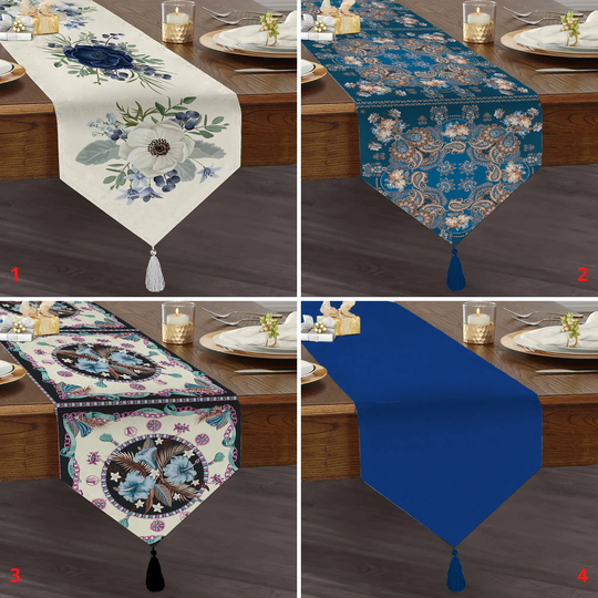 Paisley Design Table Runner, Triangle Dining Navy Blue Berry Dark Floral Tasseled Runner