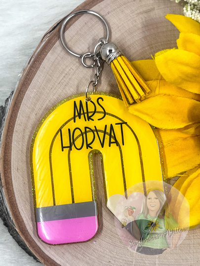 Rainbow Pencil Keychain - Teacher Keychain Educator Gift Personalized & Customized