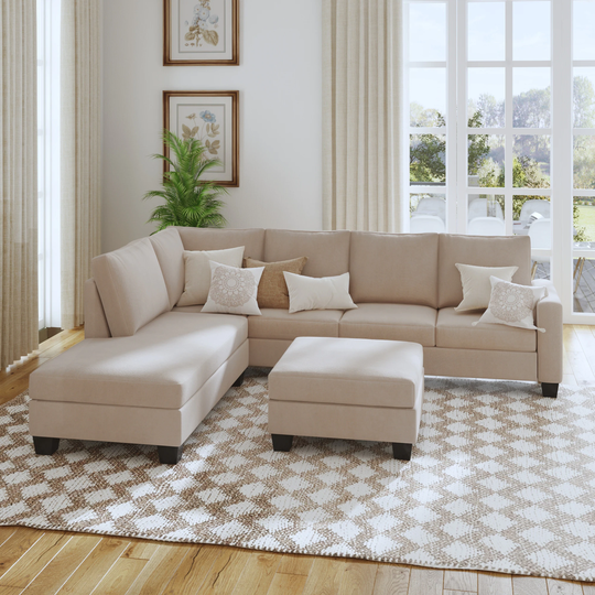 86.5*110" Textured Fabric Sectional Sofa Set, L-shaped Sofa With Removable Ottoman, Left-arm Facing Chaise, Grey