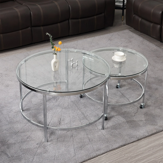 2-Piece 31.5 in. Round Glass Coffee Table Set with Nesting Tables