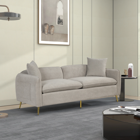 Velvet Upholstered Sofa with Armrest Pockets, 3-Seat Living Room Couch Sofa with 2 Pillows and Sturdy Golden Metal Legs
