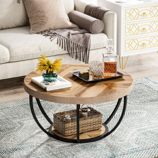 Round Coffee Table, Modern 2-Tier Center Table with Storage Open Shelves