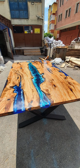Olive Wood Epoxy Table, Custom 64" X 40" Deep Blue & Turquoise Resin Live Edge For Svetlana