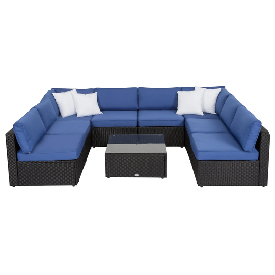 Kinbor 9 Pieces Outdoor Patio Furniture Sofa Sets,All Weather Wicker Sectional Sofa Conversation Set W/ Waterproof Cushions,Blue