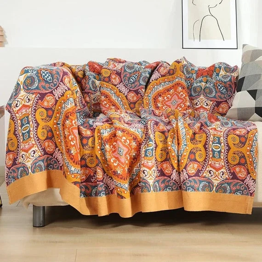 Large Colorful Bohemian Cotton Sofa Throw Blanket King Queen Bedspread Lining. Boho Ethnic Orange Woven Housewarming Gift For Mum