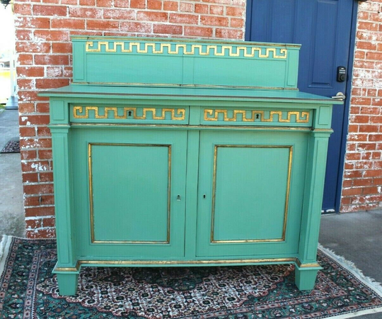 French Antique Painted Green Sideboard Cabinet 2 Door Drawer Server