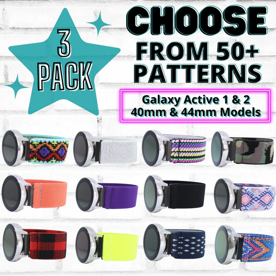3 Pack - Elastic Watch Bands For Samsung Galaxy Active 1 & 2 Fits 40mm & 44mm Models Choose Your Patterns 50+ Color Options Bundle