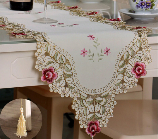 Embroidered Floral Table Runner Waterproof Oil Tablecloths Long Dinner Cover Pink Polyester Home Decor
