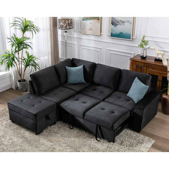 Sleeper Sectional Sofa L-shape Corner Couch Sofa-bed with Storage Ottoman & Hidden Arm Storage for Living Room Apartment